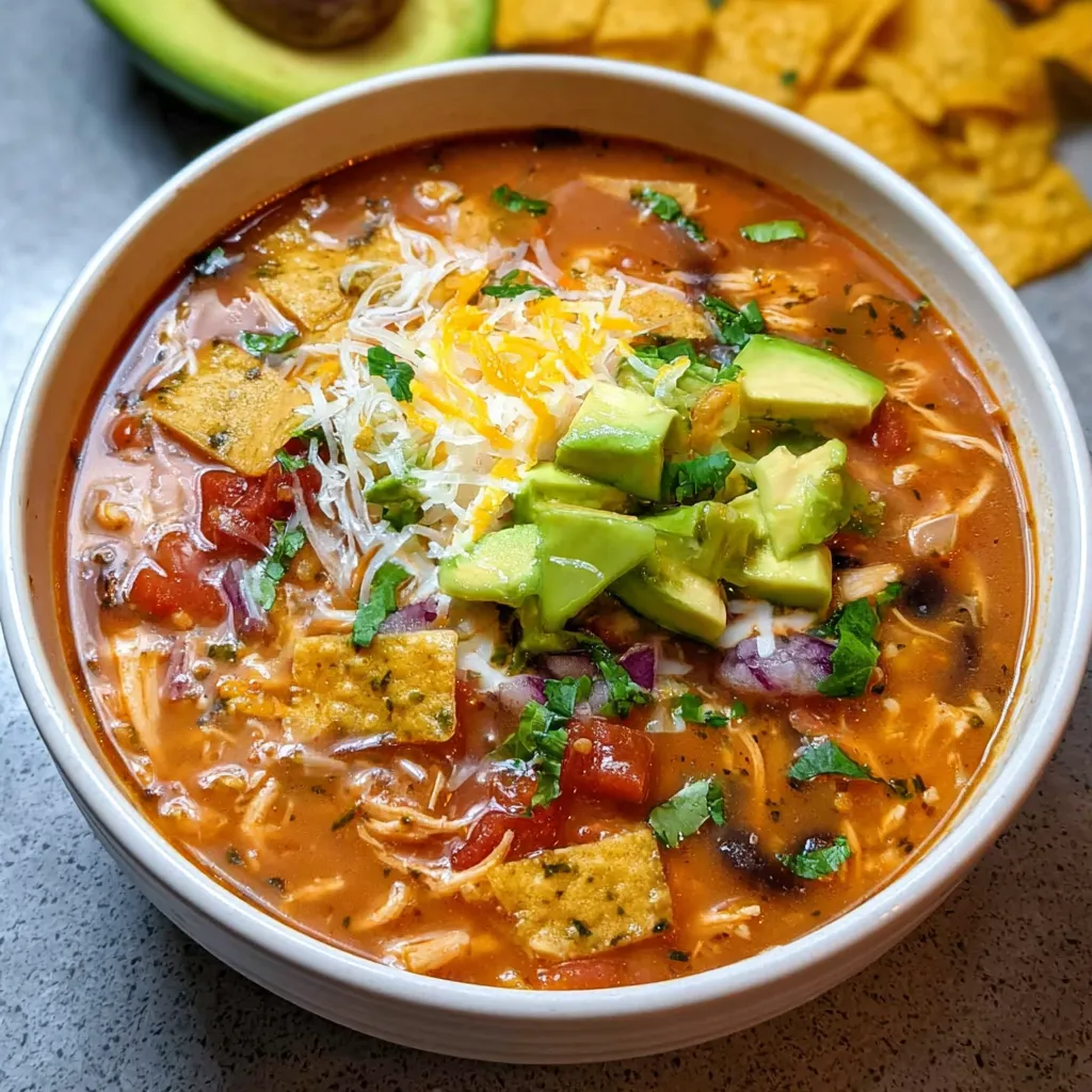 Ultimate Loaded Chicken Tortilla Soup with Fresh Toppings and Crispy Strips